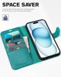 TUCCH iPhone 15 Leather Wallet Case, iPhone 15 Flip Cover - Full Grain Cyan