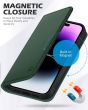 SHIELDON iPhone 15 Genuine Leather Wallet Case, iPhone 15 Book Case - Midnight Green