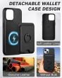 Shieldon iPhone 15 Genuine Leather case with Magnetic Card Holder, 2in1 Detachable Card Clip with Stand Metal Ring, RFID Blocking, Raised Edges, Magsafe Compatible - Black