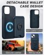 Shieldon iPhone 15 Genuine Leather case with Magnetic Card Holder, 2in1 Removable Card Clip with Stand Metal Ring, RFID Blocking, Raised Edges, Magsafe Compatible - Navy Blue