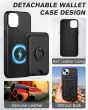 Shieldon iPhone 15 Plus Genuine Leather case with Magnetic Card Holder, 2in1 Detachable Card Clip with Stand Metal Ring, RFID Blocking, Raised Edges, Magsafe Compatible - Black