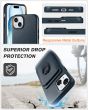 Shieldon iPhone 15 Plus Genuine Leather case with Magnetic Card Holder, 2in1 Detachable Card Clip with Stand Metal Ring, RFID Blocking, Raised Edges, Magsafe Compatible - Navy Blue