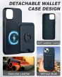 Shieldon iPhone 15 Plus Genuine Leather case with Magnetic Card Holder, 2in1 Detachable Card Clip with Stand Metal Ring, RFID Blocking, Raised Edges, Magsafe Compatible - Navy Blue