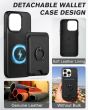 Shieldon iPhone 15 Pro Genuine Leather case with Magnetic Card Holder, 2in1 Detachable Card Clip with Stand Metal Ring, RFID Blocking, Raised Edges, Magsafe Compatible - Black