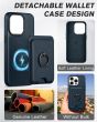 Shieldon iPhone 15 Pro Genuine Leather case with Magnetic Card Holder, 2in1 Detachable Card Clip with Stand Metal Ring, RFID Blocking, Raised Edges, Magsafe Compatible - Navy Blue