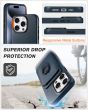 Shieldon iPhone 15 Pro Genuine Leather case with Magnetic Card Holder, 2in1 Detachable Card Clip with Stand Metal Ring, RFID Blocking, Raised Edges, Magsafe Compatible - Navy Blue