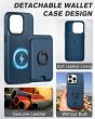 Shieldon iPhone 15 Pro Genuine Leather case with Magnetic Card Holder, 2in1 Detachable Card Clip with Stand Metal Ring, RFID Blocking, Raised Edges, Magsafe Compatible - Royal Blue