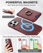 Shieldon iPhone 15 Pro Genuine Leather case with Magnetic Card Holder, 2in1 Detachable Card Clip with Stand Metal Ring, RFID Blocking, Raised Edges, Magsafe Compatible - Wine Red