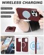 Shieldon iPhone 15 Pro Genuine Leather case with Magnetic Card Holder, 2in1 Detachable Card Clip with Stand Metal Ring, RFID Blocking, Raised Edges, Magsafe Compatible - Wine Red