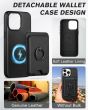 Shieldon iPhone 15 Pro Max Genuine Leather case with Magnetic Card Holder, 2in1 Detachable Card Clip with Stand Metal Ring, RFID Blocking, Raised Edges, Magsafe Compatible - Black