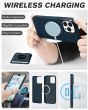 Shieldon iPhone 15 Pro Max Genuine Leather case with Magnetic Card Holder, 2in1 Detachable Card Clip with Stand Metal Ring, RFID Blocking, Raised Edges, Magsafe Compatible - Navy Blue