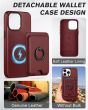 Shieldon iPhone 15 Pro Max Genuine Leather case with Magnetic Card Holder, 2in1 Detachable Card Clip with Stand Metal Ring, RFID Blocking, Raised Edges, Magsafe Compatible - Wine Red