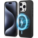 Shieldon iPhone 15 Pro Genuine Leather case, MagSafe Compatible, Raised Edges, Slim Fit Non-Slip Shockproof Protective Phone Case for iPhone 15 Pro - Black