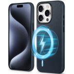 Shieldon iPhone 15 Pro Genuine Leather case, MagSafe Compatible, Raised Edges, Slim Fit Non-Slip Shockproof Protective Phone Case for iPhone 15 Pro - Navy Blue