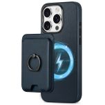 Shieldon iPhone 15 Pro Genuine Leather case with Magnetic Card Holder, 2in1 Detachable Card Clip with Stand Metal Ring, RFID Blocking, Raised Edges, Magsafe Compatible - Navy Blue