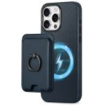 Shieldon iPhone 15 Pro Max Genuine Leather case with Magnetic Card Holder, 2in1 Detachable Card Clip with Stand Metal Ring, RFID Blocking, Raised Edges, Magsafe Compatible - Navy Blue