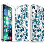 TUCCH iPhone 13 Clear TPU Case Non-Yellowing, Transparent Thin Slim Scratchproof Shockproof TPU Case with Tempered Glass Screen Protector for iPhone 13 5G - Blue Flowers Leaves