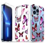 TUCCH iPhone 13 Pro Clear TPU Case Non-Yellowing, Transparent Thin Slim Scratchproof Shockproof TPU Case with Tempered Glass Screen Protector for iPhone 13 Pro 5G - Red Butterfly