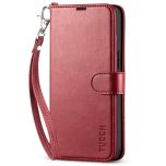 TUCCH iPhone 14 Wallet Case, iPhone 14 PU Leather Case, Folio Flip Cover with RFID Blocking, Credit Card Slots, Magnetic Clasp Closure - Strap - Dark Red