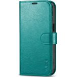 TUCCH iPhone 15 Pro Max Leather Wallet Case, iPhone 15 Pro Max Flip Phone Case - Full Grain Cyan