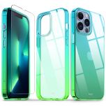 SHIELDON iPhone 13 Pro Max Clear Case Anti-Yellowing, Transparent Thin Slim Anti-Scratch Shockproof PC+TPU Case with Tempered Glass Screen Protector for iPhone 13 Pro Max Crystal Clear - Blue&amp;Green