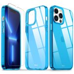 SHIELDON iPhone 13 Pro Max Clear Case Anti-Yellowing, Transparent Thin Slim Anti-Scratch Shockproof PC+TPU Case with Tempered Glass Screen Protector for iPhone 13 Pro Max Crystal Clear - Blue