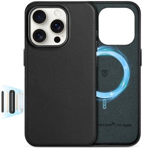 Shieldon iPhone 16 Pro Genuine Leather case, MagSafe Compatible, Wireless Charging, Raised Edges, Slim Fit Elegant Non-Slip Shockproof Protective Phone Case with Metal Buttons for iPhone 16 Pro 6.3-inch 2024