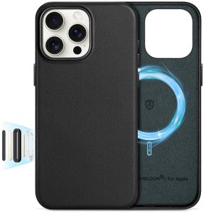 Shieldon iPhone 16 Pro Max Genuine Leather case, Wireless Charging MagSafe Compatible, Raised Edges, Slim Fit Elegant Non-Slip Shockproof Protective Phone Case with Metal Buttons for iPhone 16 Pro Max 6.9-inch 2024