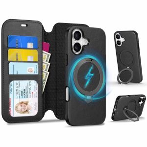 TUCCH iPhone 17 Detachable Wallet Case with Adjustable 360° Rotation Ring Stand, Wireless Charging, RFID Blocking 3 Card Holders, Magnetic Slim PU Leather Protective Cover for iPhone 17
