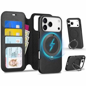 TUCCH iPhone 17 Pro Detachable Wallet Case with Adjustable 360° Rotation Ring Stand, Wireless Charging, RFID Blocking 3 Card Holders, Magnetic Slim PU Leather Protective Cover for iPhone 17 Pro