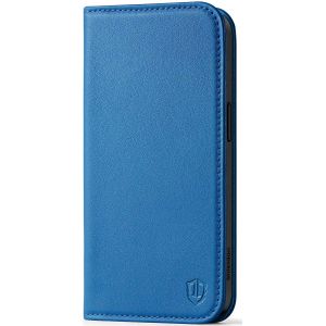 SHIELDON iPhone 15 Pro Genuine Leather Wallet Case, iPhone 15 Pro Mobile Phone Case - Sapphire Blue