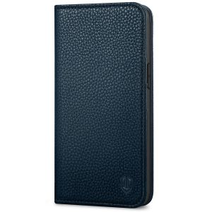 SHIELDON iPhone 13 Wallet Case, iPhone 13 Genuine Leather Cover with RFID Blocking, Book Folio Flip Kickstand Magnetic Closure - Navy Blue - Litchi Pattern