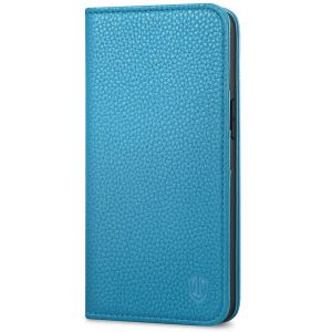 SHIELDON iPhone 13 Wallet Case, iPhone 13 Genuine Leather Cover with RFID Blocking, Book Folio Flip Kickstand Magnetic Closure - Light Blue - Litchi Pattern