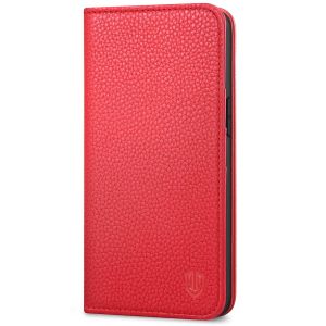 SHIELDON iPhone 13 Wallet Case, iPhone 13 Genuine Leather Cover with RFID Blocking, Book Folio Flip Kickstand Magnetic Closure - Red - Litchi Pattern