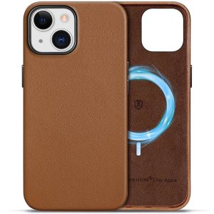 Shieldon iPhone 15 Genuine Leather case, Support Wireless Charging, Raised Edges Slim Fit Non-Slip Shockproof Protective Phone Case for Regular iPhone 15 - Brown