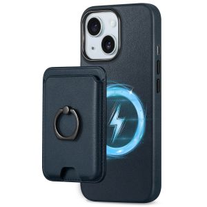 Shieldon iPhone 15 Genuine Leather case with Magnetic Card Holder, 2in1 Removable Card Clip with Stand Metal Ring, RFID Blocking, Raised Edges, Magsafe Compatible - Navy Blue