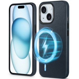 Shieldon iPhone 15 Plus Genuine Leather case, MagSafe Compatible, Raised Edges Slim Fit Non-Slip Shockproof Protective Phone Case for iPhone 15 Plus - Navy Blue