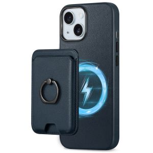 Shieldon iPhone 15 Plus Genuine Leather case with Magnetic Card Holder, 2in1 Detachable Card Clip with Stand Metal Ring, RFID Blocking, Raised Edges, Magsafe Compatible - Navy Blue