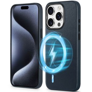 Shieldon iPhone 15 Pro Genuine Leather case, MagSafe Compatible, Raised Edges, Slim Fit Non-Slip Shockproof Protective Phone Case for iPhone 15 Pro - Navy Blue