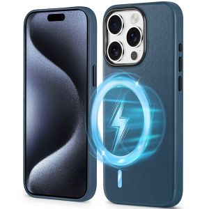 Shieldon iPhone 15 Pro Genuine Leather case, MagSafe Compatible, Raised Edges, Slim Fit Non-Slip Shockproof Protective Phone Case for iPhone 15 Pro - Royal Blue