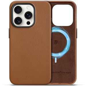Shieldon iPhone 15 Pro Genuine Leather case, MagSafe Compatible, Raised Edges, Slim Fit Non-Slip Shockproof Protective Phone Case for iPhone 15 Pro - Brown