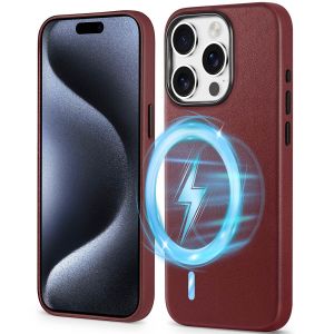 Shieldon iPhone 15 Pro Genuine Leather case, MagSafe Compatible, Raised Edges, Slim Fit Non-Slip Shockproof Protective Phone Case for iPhone 15 Pro - Wine Red