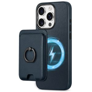 Shieldon iPhone 15 Pro Genuine Leather case with Magnetic Card Holder, 2in1 Detachable Card Clip with Stand Metal Ring, RFID Blocking, Raised Edges, Magsafe Compatible - Navy Blue