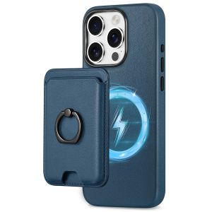 Shieldon iPhone 15 Pro Genuine Leather case with Magnetic Card Holder, 2in1 Detachable Card Clip with Stand Metal Ring, RFID Blocking, Raised Edges, Magsafe Compatible - Royal Blue