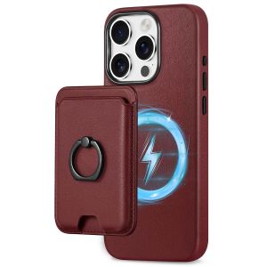 Shieldon iPhone 15 Pro Genuine Leather case with Magnetic Card Holder, 2in1 Detachable Card Clip with Stand Metal Ring, RFID Blocking, Raised Edges, Magsafe Compatible - Wine Red