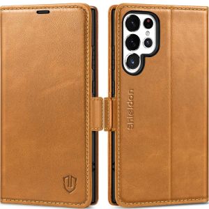 SHIELDON SAMSUNG Galaxy S24 Ultra Wallet Case, SAMSUNG S24 Ultra Leather Cover Flip Folio Book Case - Retro Light Brown