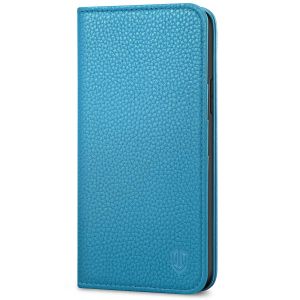 SHIELDON iPhone 11 Wallet Case, Genuine Leather, RFID Blocking, Magnetic Closure - Light Blue - Litchi Pattern