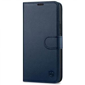 SHIELDON iPhone 14 Plus Wallet Case, iPhone 14 Plus Genuine Leather Cover Book Folio Flip Kickstand Case with Magnetic Clasp - Navy Blue