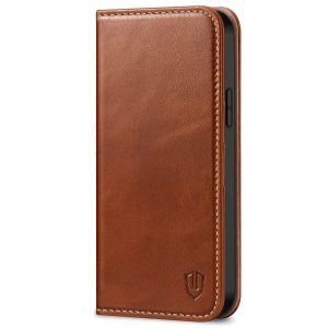 SHIELDON iPhone 14 Plus Wallet Case, iPhone 14 Plus Genuine Leather Cover with RFID Blocking, Book Folio Flip Kickstand Magnetic Closure - Brown - Retro