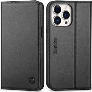SHIELDON iPhone 14 Pro Max Wallet Case, iPhone 14 Pro Max Genuine Leather Folio Cover - Black